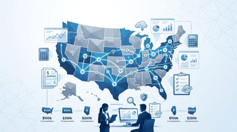 Economic nexus thresholds by state 2026 map showing U.S. sales tax nexus requirements for remote sellers and ecommerce businesses.