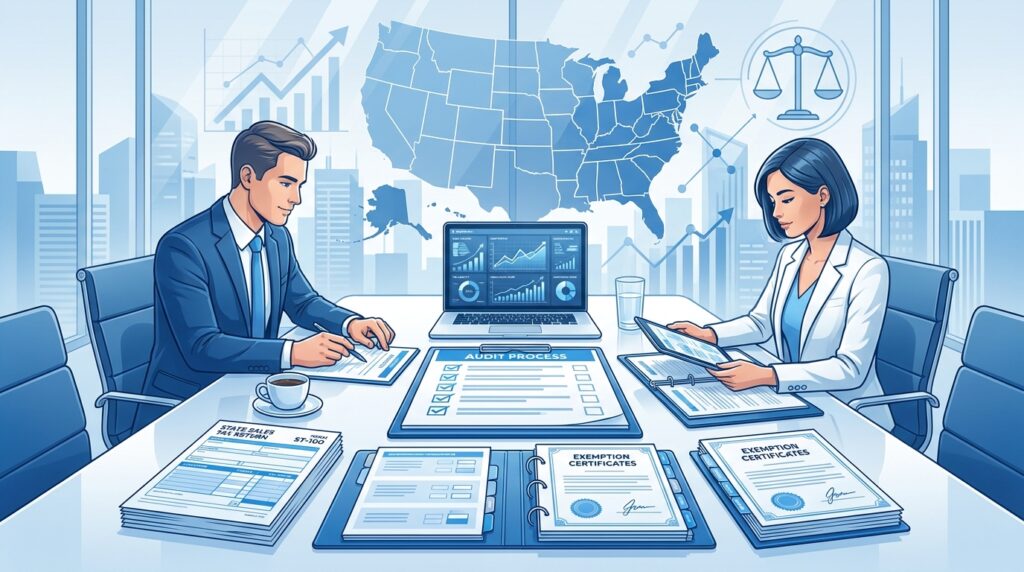 Professional business team reviewing the sales tax audit process with compliance documents, U.S. state tax forms, and a structured audit checklist on a modern conference table.