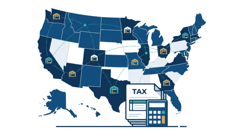 Illustration of a U.S. map with Amazon FBA warehouse icons highlighting state sales tax nexus connections for ecommerce sellers.