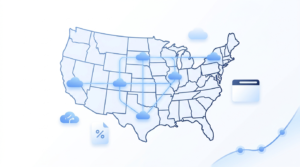 U.S. map illustration showing which states charge SaaS sales tax by state in 2026