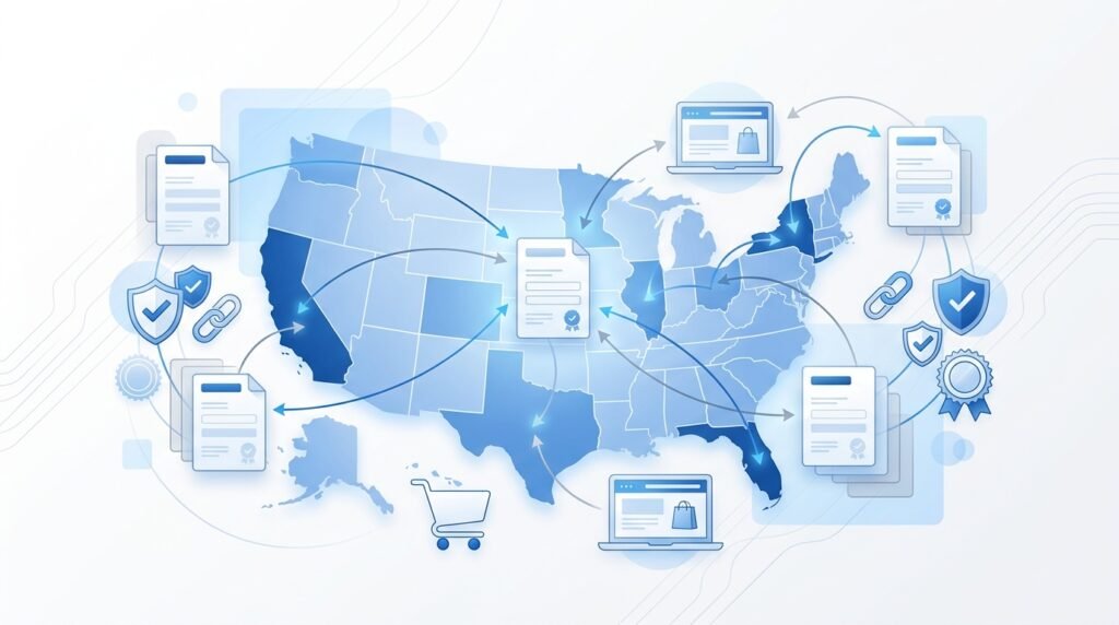 Professional illustration of U.S. map with sales tax registration forms and checkmarks for multi-state compliance