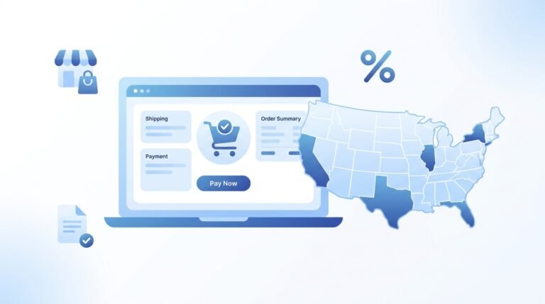 Shopify sales tax guide illustration showing an online storefront, checkout screen, and US map for 2026 compliance
