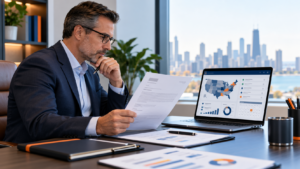 Business finance professional reviewing a state sales tax notice alongside sales records and a multistate compliance dashboard